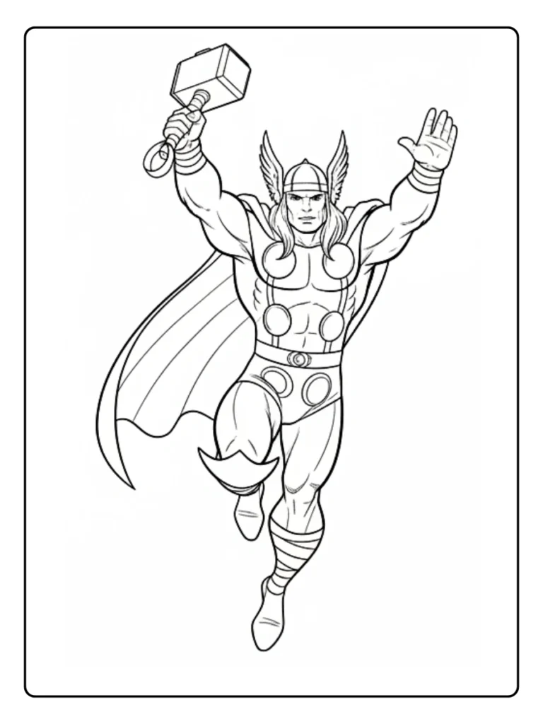 Thor charging forward coloring page, dynamic superhero action pose.