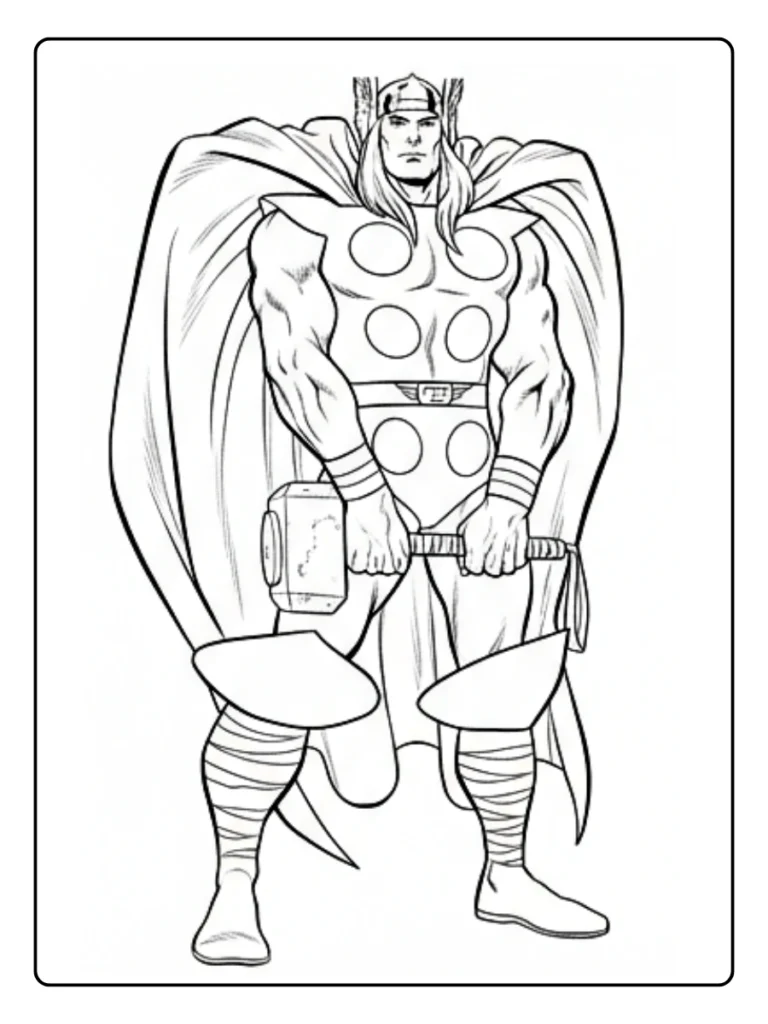 Muscular Thor coloring page, superhero flexing with his hammer.
