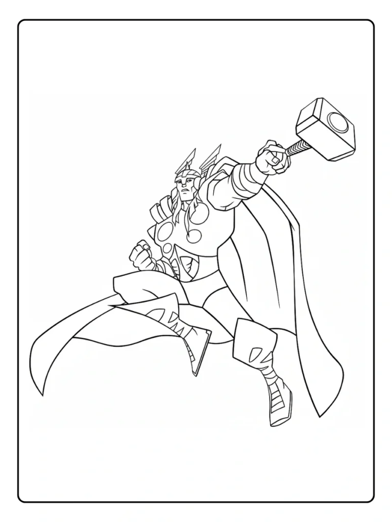 Thor standing with hammer coloring page, Marvel superhero holding Mjolnir.