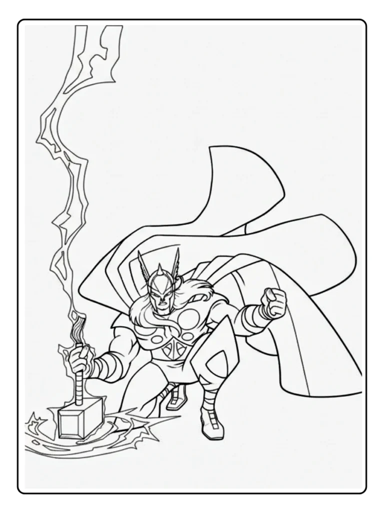 Thor summoning lightning coloring page, superhero with electrical energy.