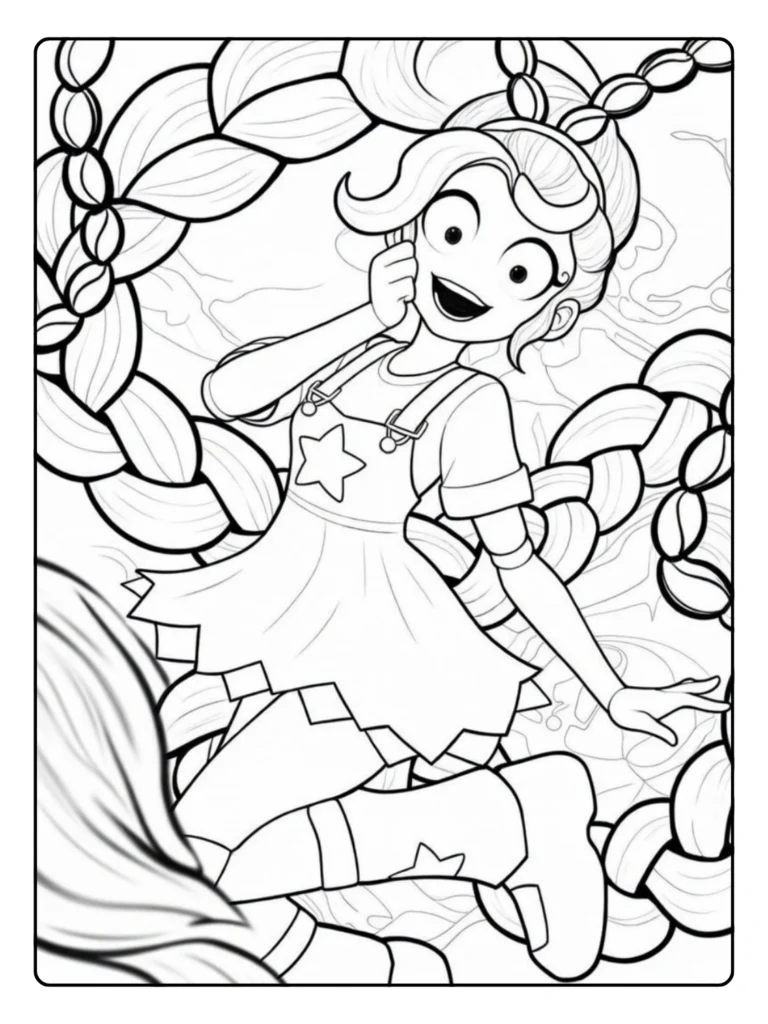 Lily Lovebraids Poppy Playtime coloring page, cute girl character with long hair.