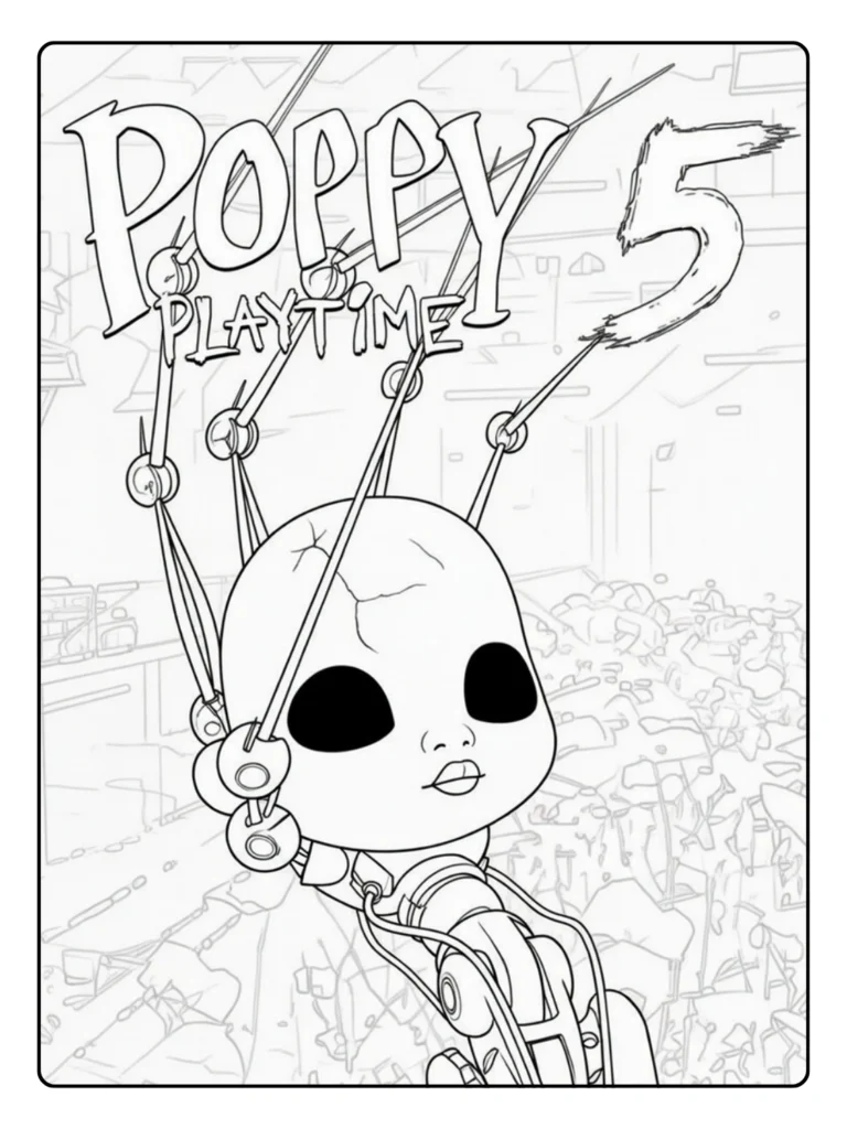 Poppy Playtime Chapter 5 robot coloring page, mechanical head with wires.