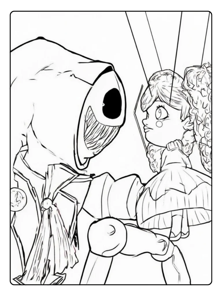 Poppy Playtime spooky encounter coloring sheet, tall figure and a doll.