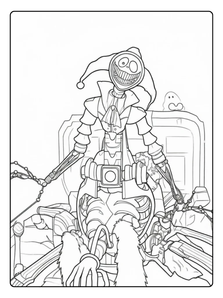 The Prototype Poppy Playtime coloring page, slender mechanical jester.
