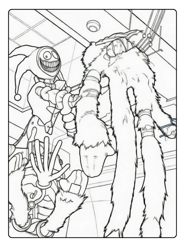 Poppy Playtime monsters battle coloring sheet, jester vs tall creature.