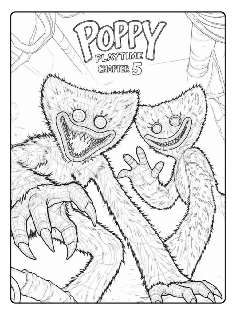 Two Huggy Wuggy monsters coloring page, creepy pair reaching out.