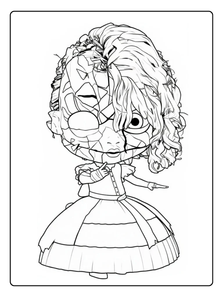 Poppy Playtime Chapter 5 doll coloring sheet, detailed character portrait.
