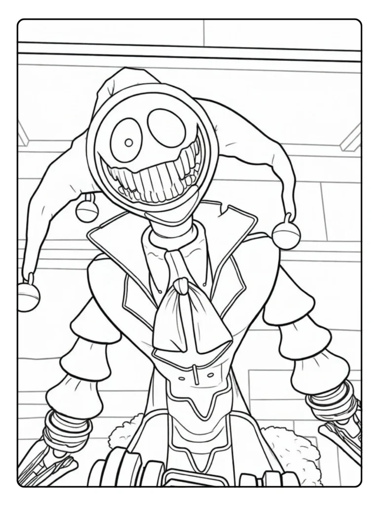 Poppy Playtime Prototype character coloring sheet, jester with a wide grin.