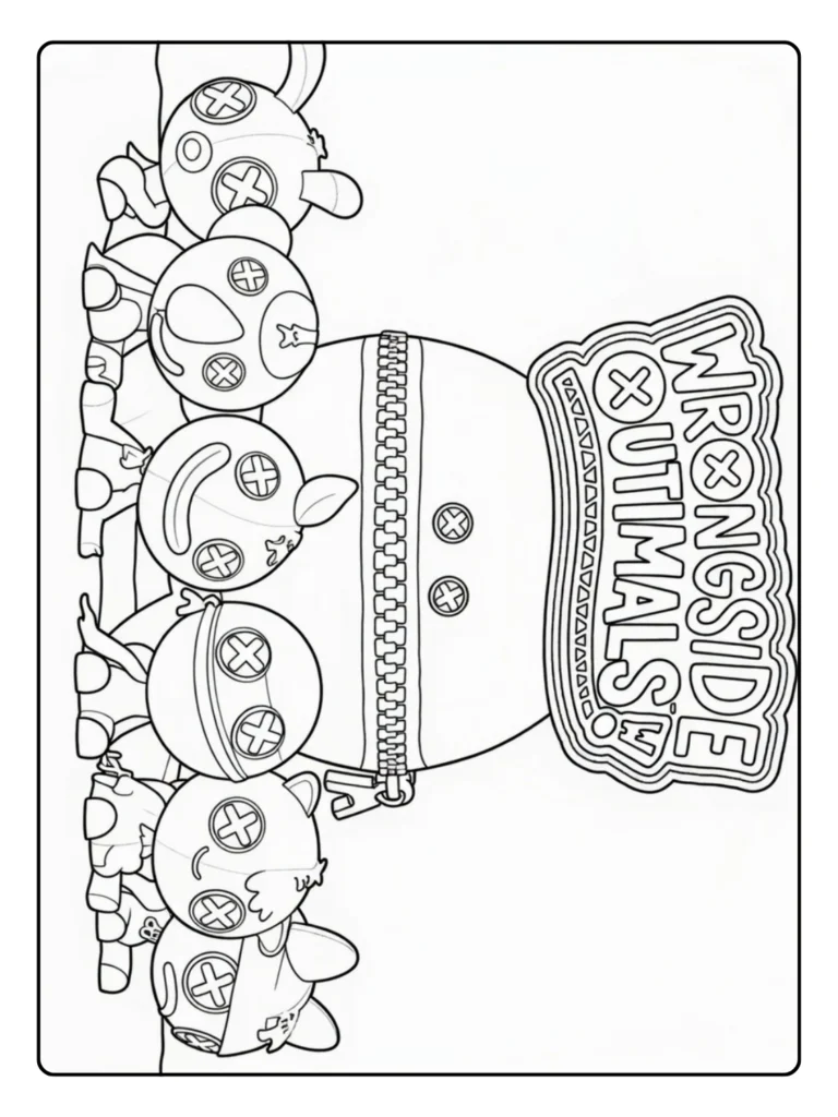 Wrongside Outimals Poppy Playtime coloring page, group of small monsters.